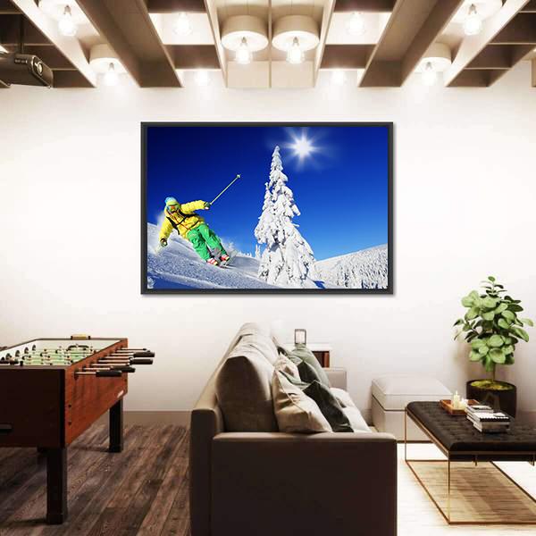Skier Skiing In High Mountains Canvas Wall Art-3 Horizontal-Gallery Wrap-25" x 16"-Tiaracle