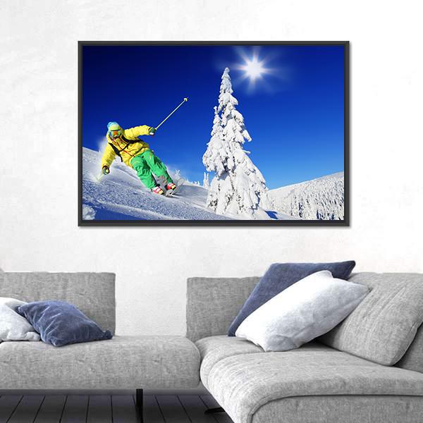 Skier Skiing In High Mountains Canvas Wall Art-3 Horizontal-Gallery Wrap-25" x 16"-Tiaracle