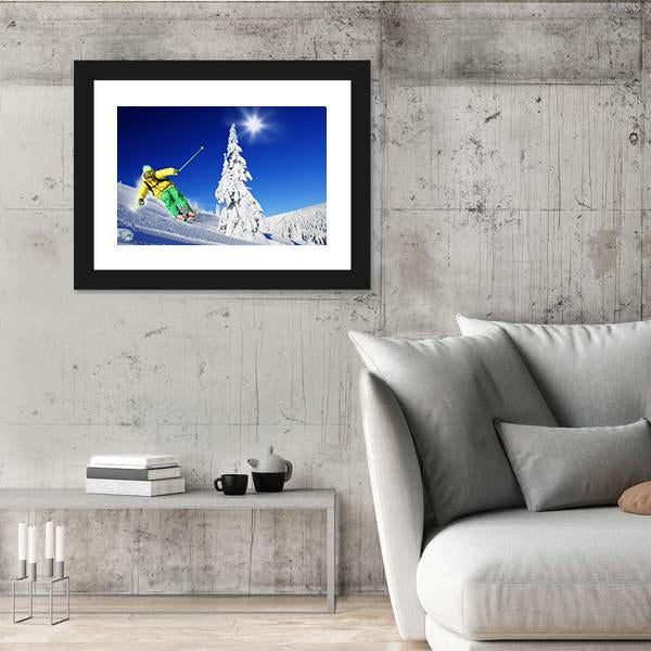 Skier Skiing In High Mountains Canvas Wall Art-3 Horizontal-Gallery Wrap-25" x 16"-Tiaracle