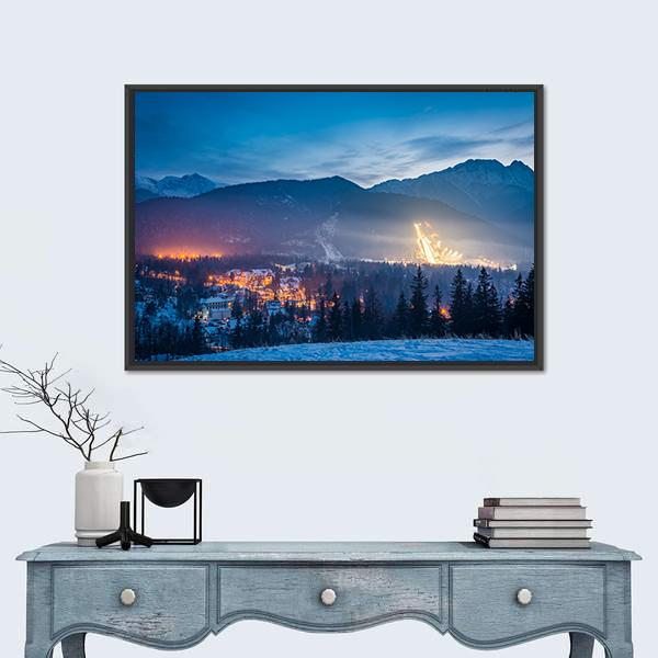Skiing Competitions In Zakopane At Dusk Canvas Wall Art-1 Piece-Floating Frame-24" x 16"-Tiaracle
