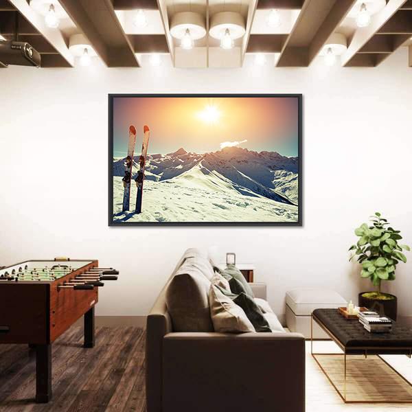 Skis In Snow At Mountains Canvas Wall Art-1 Piece-Floating Frame-24" x 16"-Tiaracle