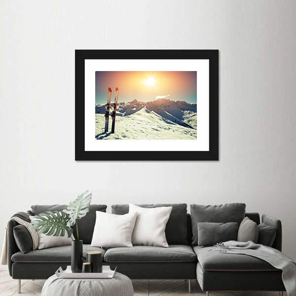 Skis In Snow At Mountains Canvas Wall Art-1 Piece-Framed Print-20" x 16"-Tiaracle