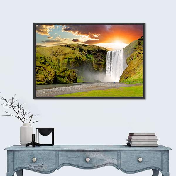 Skogafoss Waterfall In Iceland Canvas Wall Art-1 Piece-Floating Frame-36" x 24"-Tiaracle