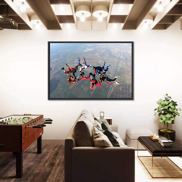 Skydivers Groups Moving Towards Ground Canvas Wall Art-1 Piece-Floating Frame-24" x 16"-Tiaracle