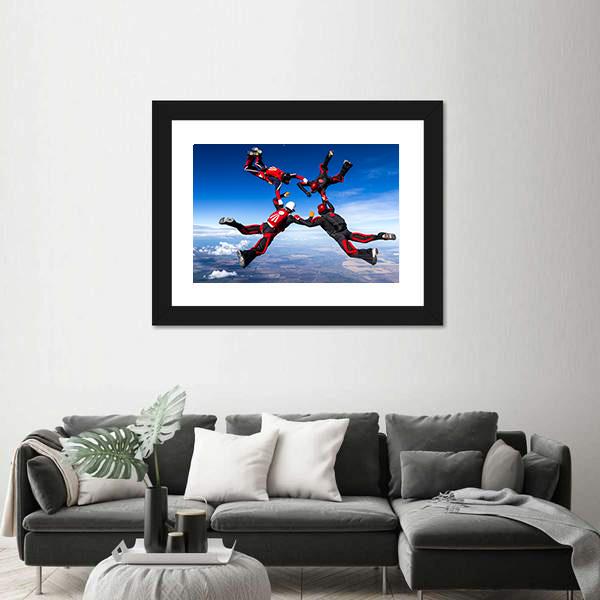 Skydivers In Relative Work Canvas Wall Art-1 Piece-Framed Print-20" x 16"-Tiaracle