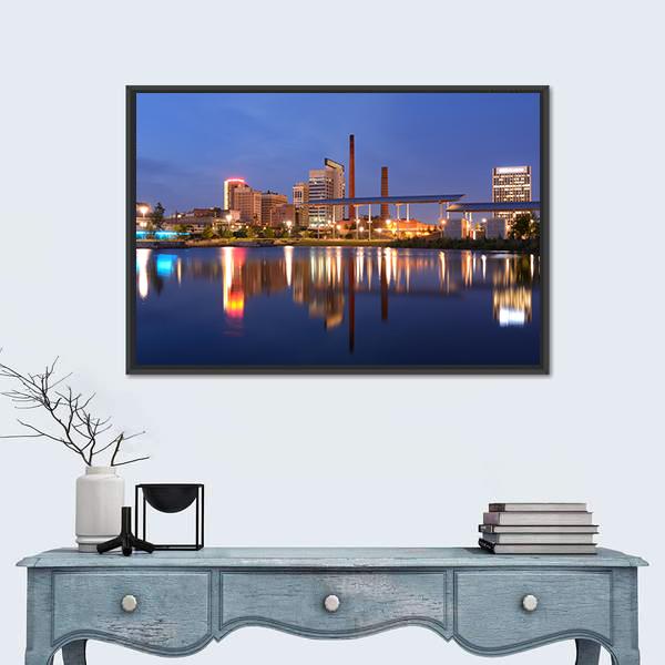 Birmingham Alabama Railroad Park Skyline Canvas Wall Art in orange, blue and navy, framed canvas, product view on a white background