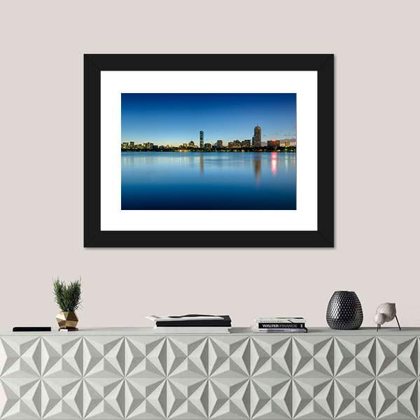 Boston Back Bay Skyline Canvas Wall Art in blue, framed print, product view on a white background