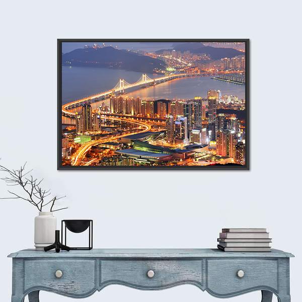 Skyline Of Busan Canvas Wall Art-1 Piece-Floating Frame-36" x 24"-Tiaracle