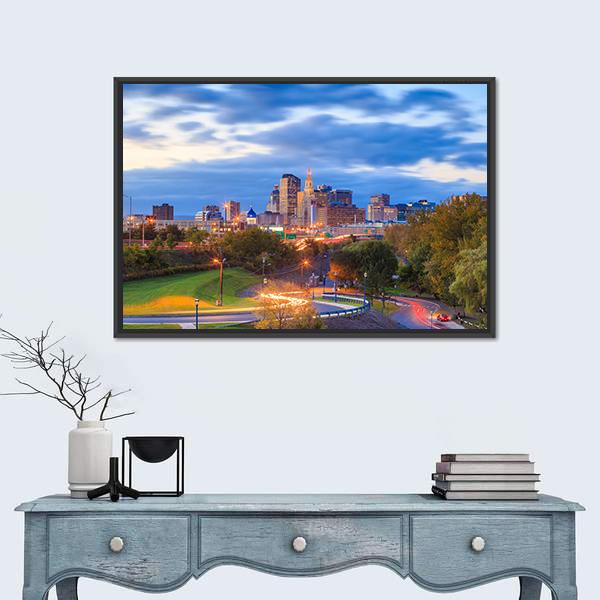 Skyline Of Downtown Hartford Canvas Wall Art-1 Piece-Floating Frame-24" x 16"-Tiaracle