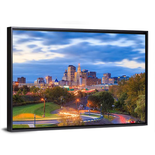 Skyline Of Downtown Hartford Canvas Wall Art-3 Horizontal-Gallery Wrap-25" x 16"-Tiaracle