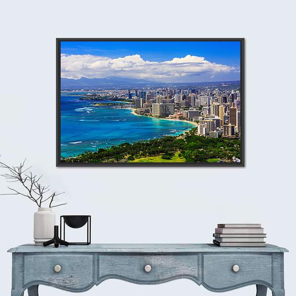 Skyline Of Honolulu Canvas Wall Art-1 Piece-Floating Frame-36" x 24"-Tiaracle