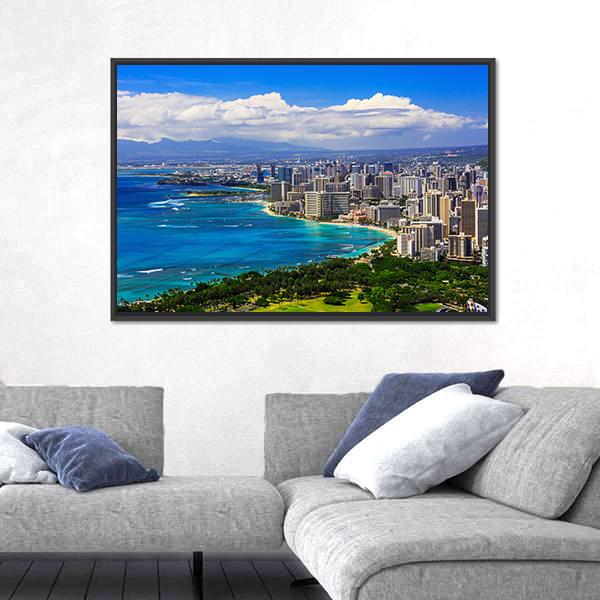 Skyline Of Honolulu Canvas Wall Art-5 Horizontal-Gallery Wrap-22" x 12"-Tiaracle