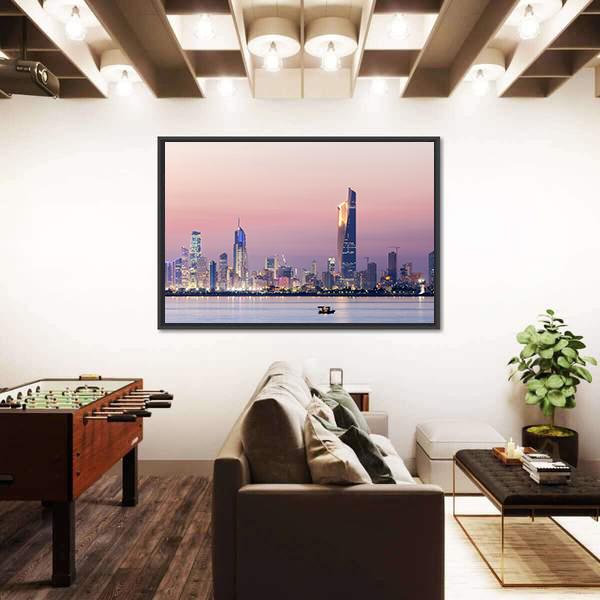 Skyline Of Kuwait City At Night Canvas Wall Art-1 Piece-Floating Frame-24" x 16"-Tiaracle