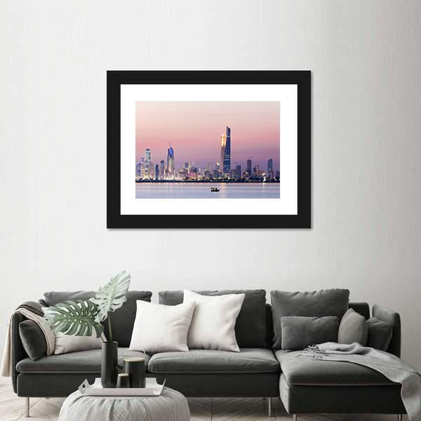 Skyline Of Kuwait City At Night Canvas Wall Art-1 Piece-Framed Print-20" x 16"-Tiaracle