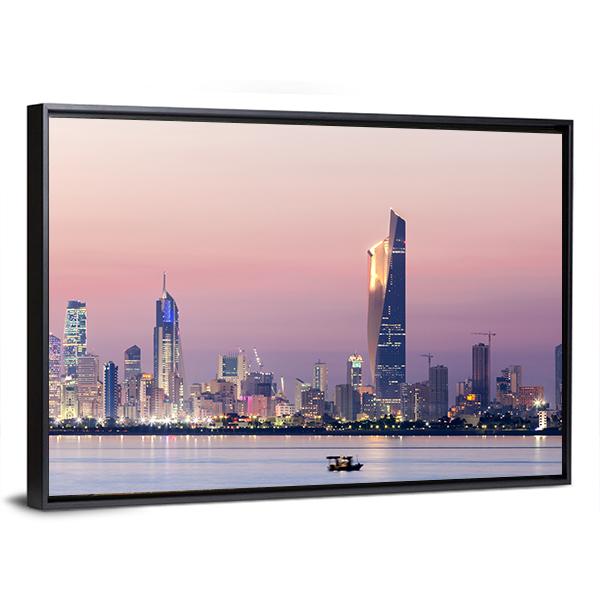Skyline Of Kuwait City At Night Canvas Wall Art-3 Horizontal-Gallery Wrap-25" x 16"-Tiaracle