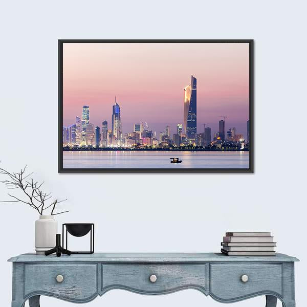 Skyline Of Kuwait City At Night Canvas Wall Art-3 Horizontal-Gallery Wrap-25" x 16"-Tiaracle