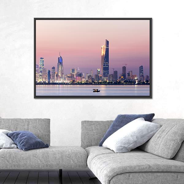 Skyline Of Kuwait City At Night Canvas Wall Art-3 Horizontal-Gallery Wrap-25" x 16"-Tiaracle