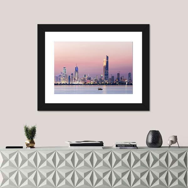 Skyline Of Kuwait City At Night Canvas Wall Art-3 Horizontal-Gallery Wrap-25" x 16"-Tiaracle