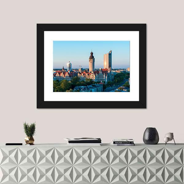 Skyline Of Leipzig With Town Hall At Sunset Canvas Wall Art-1 Piece-Framed Print-42" x 14"-Tiaracle