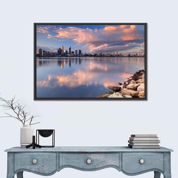 Skyline Of Perth Across The Swan River Canvas Wall Art-1 Piece-Floating Frame-24" x 16"-Tiaracle