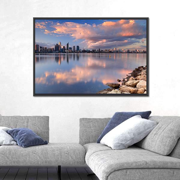 Skyline Of Perth Across The Swan River Canvas Wall Art-3 Horizontal-Gallery Wrap-25" x 16"-Tiaracle