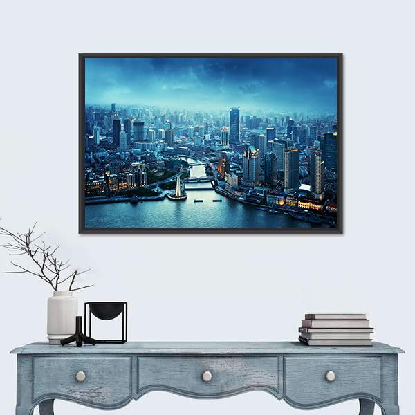 Skyline Of Shanghai At Sunset China Canvas Wall Art-1 Piece-Floating Frame-24&quot; x 16&quot;-Tiaracle
