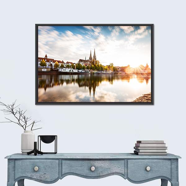 Skyline Of The City Regensburg At Sunset Canvas Wall Art-1 Piece-Floating Frame-24" x 16"-Tiaracle