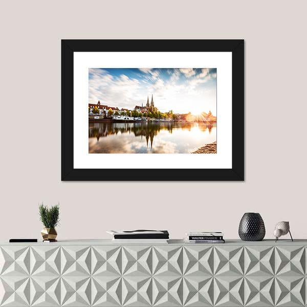 Skyline Of The City Regensburg At Sunset Canvas Wall Art-1 Piece-Framed Print-20" x 16"-Tiaracle