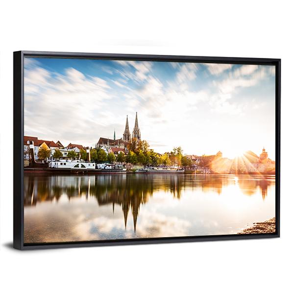 Skyline Of The City Regensburg At Sunset Canvas Wall Art-3 Horizontal-Gallery Wrap-25" x 16"-Tiaracle