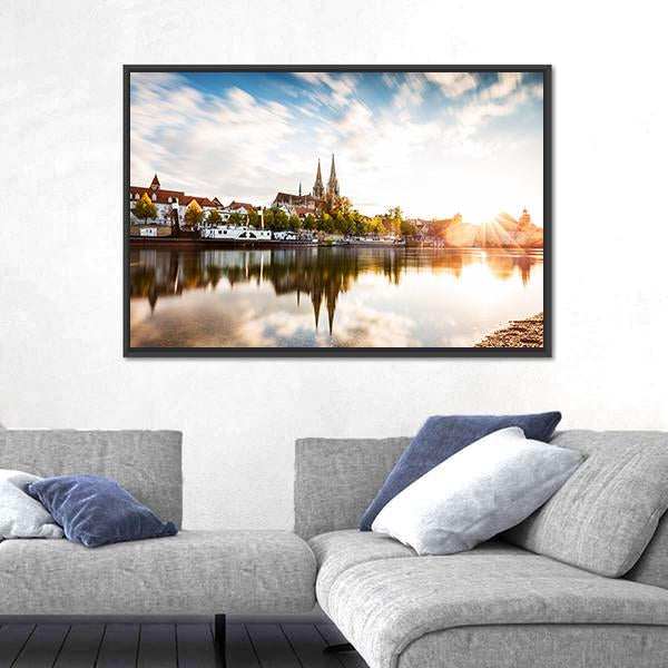 Skyline Of The City Regensburg At Sunset Canvas Wall Art-3 Horizontal-Gallery Wrap-25" x 16"-Tiaracle