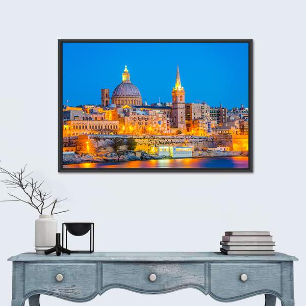 Skyline Of Valleta During Night In Malta Canvas Wall Art-1 Piece-Floating Frame-36" x 24"-Tiaracle
