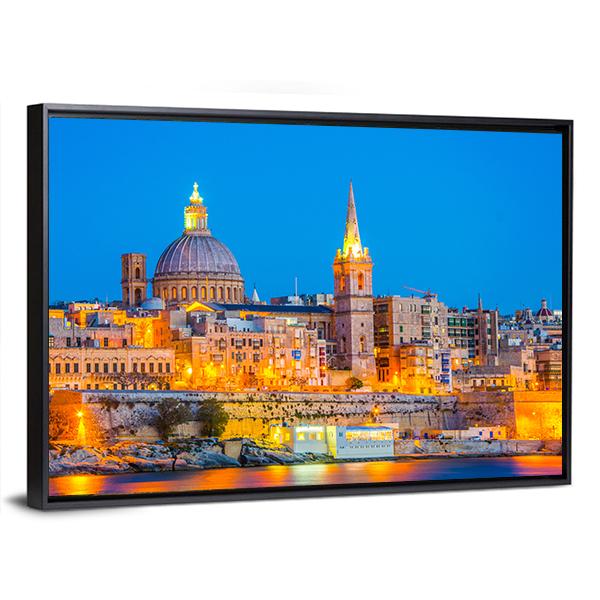 Skyline Of Valleta During Night In Malta Canvas Wall Art-3 Horizontal-Gallery Wrap-25" x 16"-Tiaracle