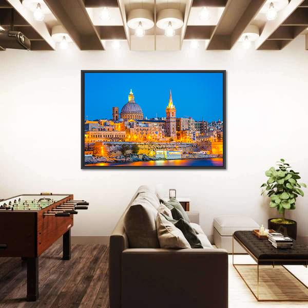 Skyline Of Valleta During Night In Malta Canvas Wall Art-3 Horizontal-Gallery Wrap-25" x 16"-Tiaracle