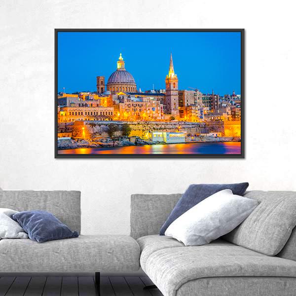 Skyline Of Valleta During Night In Malta Canvas Wall Art-3 Horizontal-Gallery Wrap-25" x 16"-Tiaracle