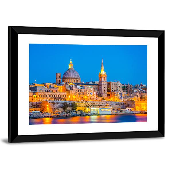 Skyline Of Valleta During Night In Malta Canvas Wall Art-3 Horizontal-Gallery Wrap-25" x 16"-Tiaracle