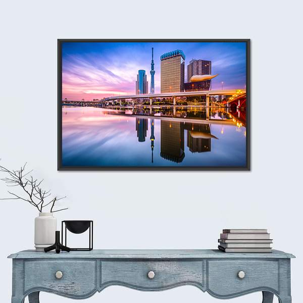 Skyline On The Sumida River At Dawn Canvas Wall Art-1 Piece-Floating Frame-24" x 16"-Tiaracle