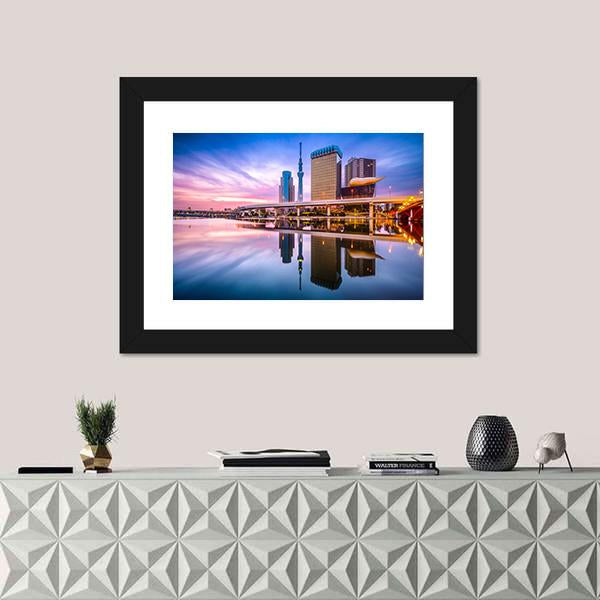 Skyline On The Sumida River At Dawn Canvas Wall Art-1 Piece-Framed Print-20" x 16"-Tiaracle