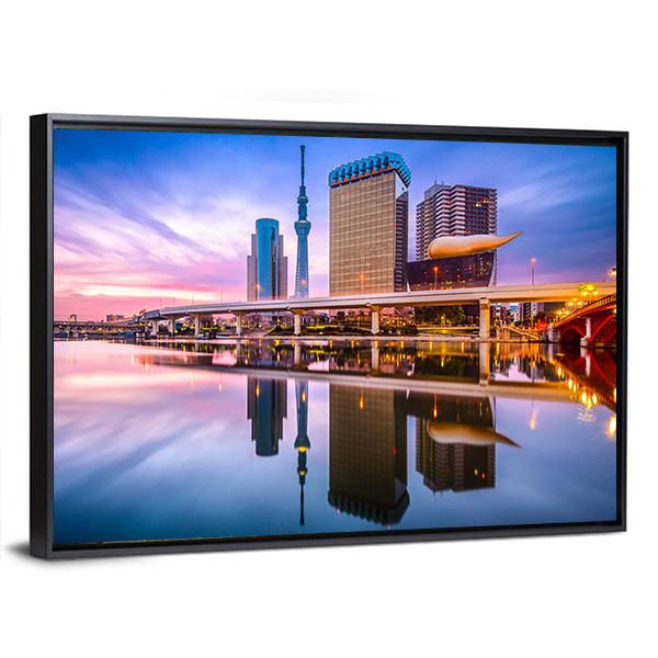 Skyline On The Sumida River At Dawn Canvas Wall Art-3 Horizontal-Gallery Wrap-25" x 16"-Tiaracle