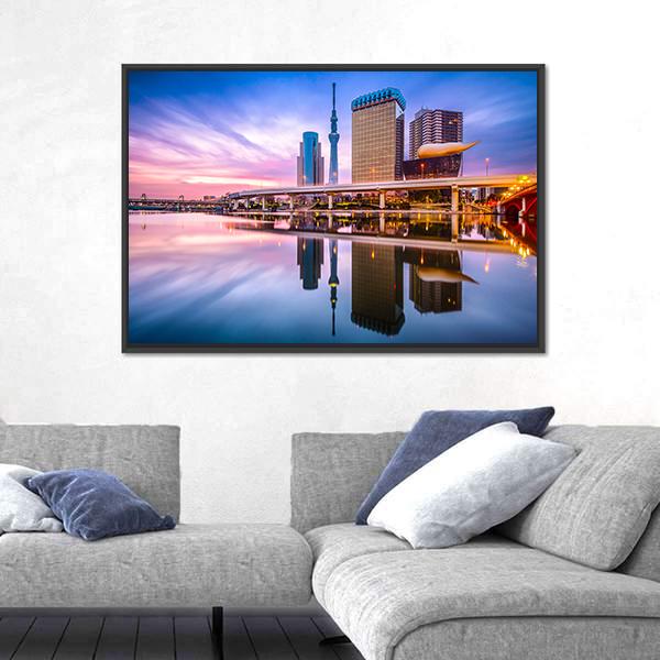 Skyline On The Sumida River At Dawn Canvas Wall Art-3 Horizontal-Gallery Wrap-25" x 16"-Tiaracle
