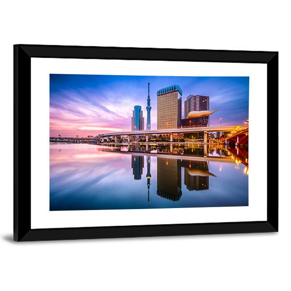 Skyline On The Sumida River At Dawn Canvas Wall Art-3 Horizontal-Gallery Wrap-25" x 16"-Tiaracle
