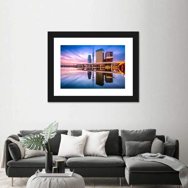 Skyline On The Sumida River At Dawn Canvas Wall Art-3 Horizontal-Gallery Wrap-25" x 16"-Tiaracle