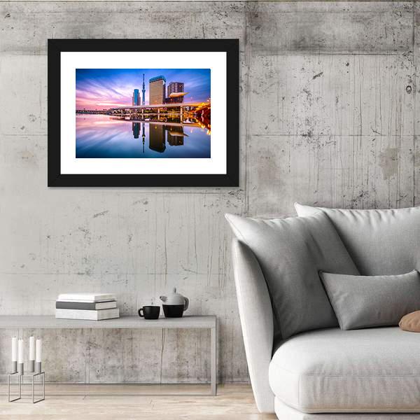 Skyline On The Sumida River At Dawn Canvas Wall Art-3 Horizontal-Gallery Wrap-25" x 16"-Tiaracle
