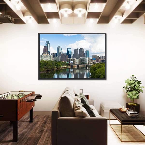 Skyline View Of Philadelphia Canvas Wall Art-1 Piece-Floating Frame-24" x 16"-Tiaracle