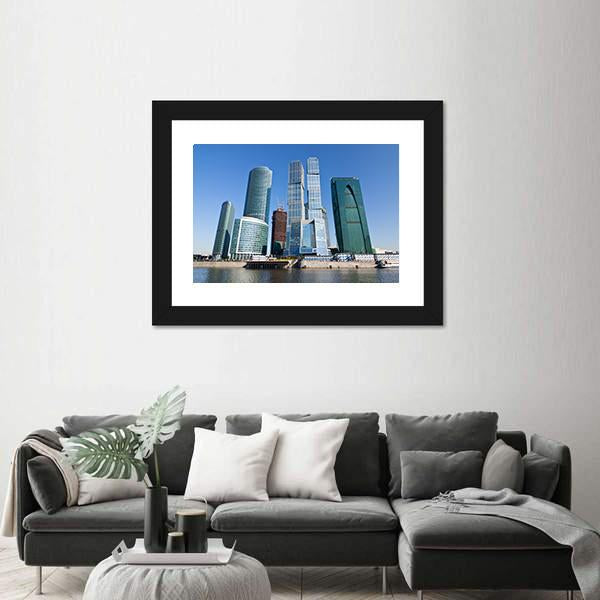 Skyscrapers Of Moscow City Under Blue Sky Canvas Wall Art-1 Piece-Framed Print-20" x 16"-Tiaracle