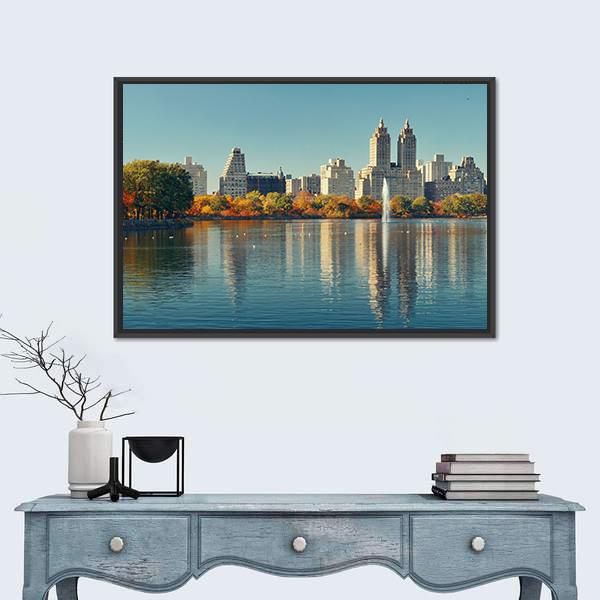 Skyscrapers Over Lake With Fountain In Manhattan Canvas Wall Art-1 Piece-Floating Frame-24" x 16"-Tiaracle