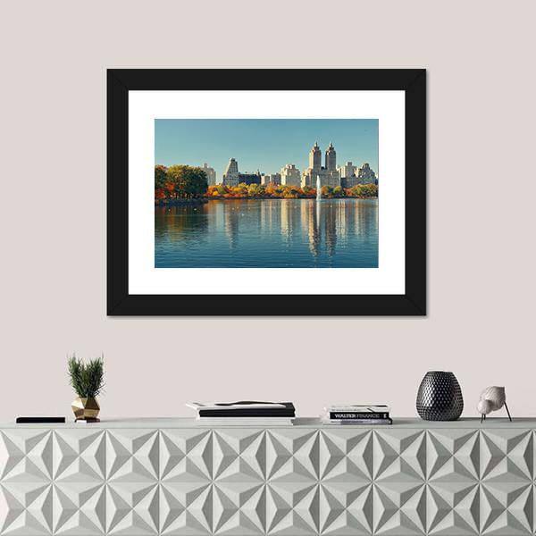 Skyscrapers Over Lake With Fountain In Manhattan Canvas Wall Art-1 Piece-Framed Print-20" x 16"-Tiaracle