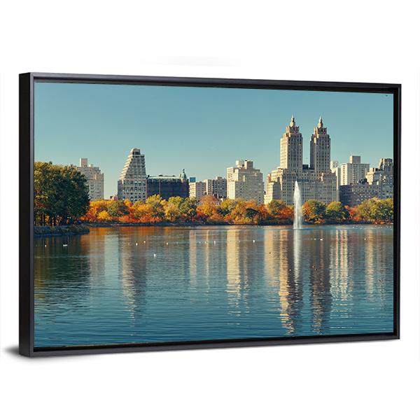 Skyscrapers Over Lake With Fountain In Manhattan Canvas Wall Art-3 Horizontal-Gallery Wrap-25" x 16"-Tiaracle