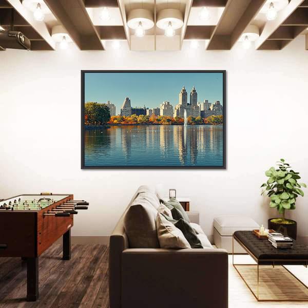 Skyscrapers Over Lake With Fountain In Manhattan Canvas Wall Art-3 Horizontal-Gallery Wrap-25" x 16"-Tiaracle
