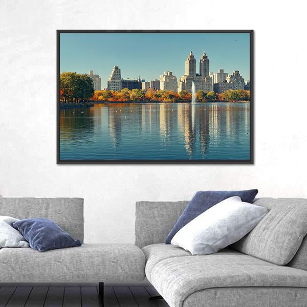 Skyscrapers Over Lake With Fountain In Manhattan Canvas Wall Art-3 Horizontal-Gallery Wrap-25" x 16"-Tiaracle