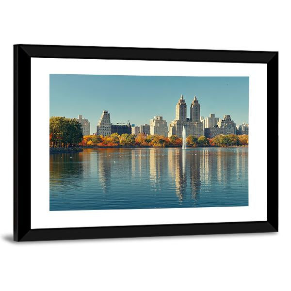 Skyscrapers Over Lake With Fountain In Manhattan Canvas Wall Art-3 Horizontal-Gallery Wrap-25" x 16"-Tiaracle